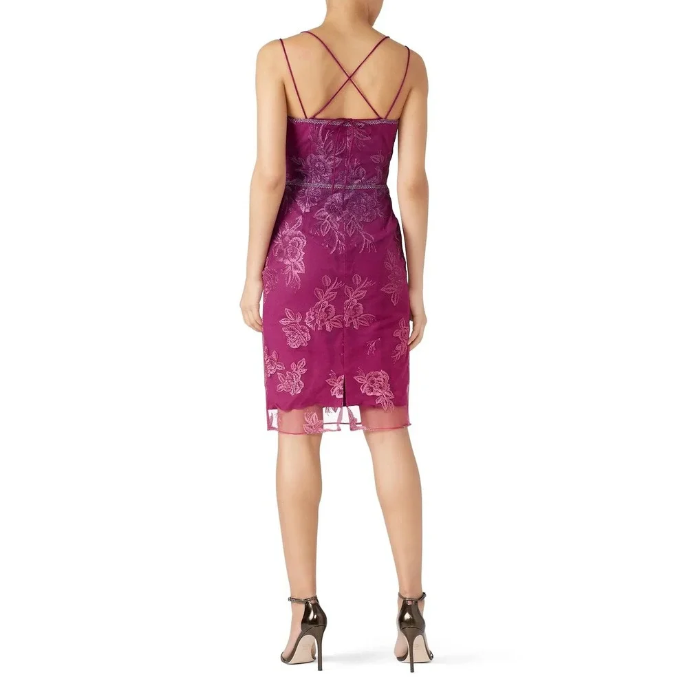 Marchesa Notte Fuchsia Ombre Floral Lace Sheath Dress Strappy V-Neck Cocktail - Picture 3 of 10